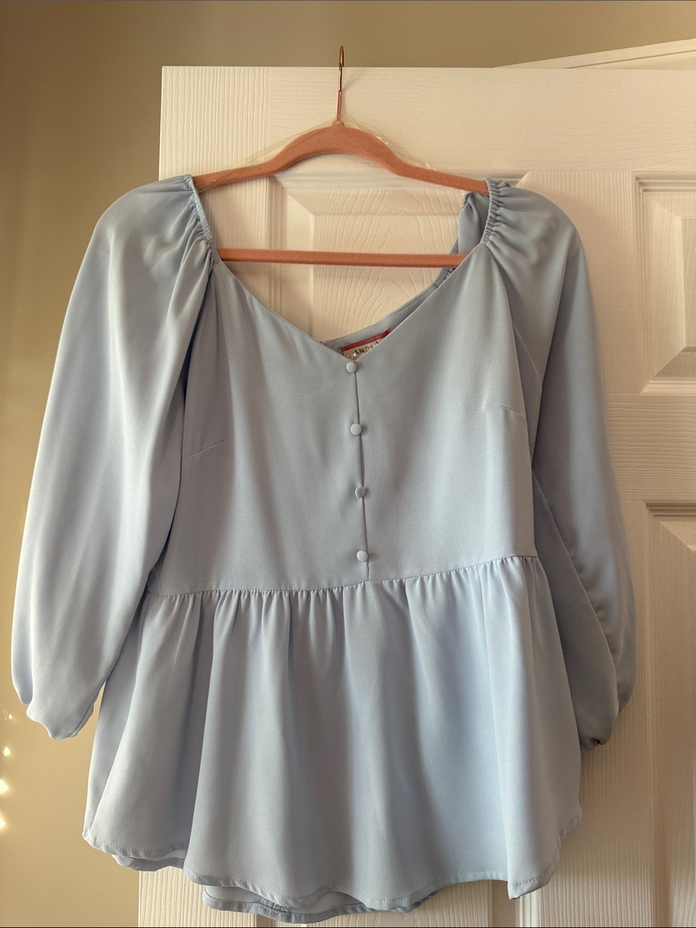 ANDREE BY UNIT Light Blue Peplum Button Front Blouse